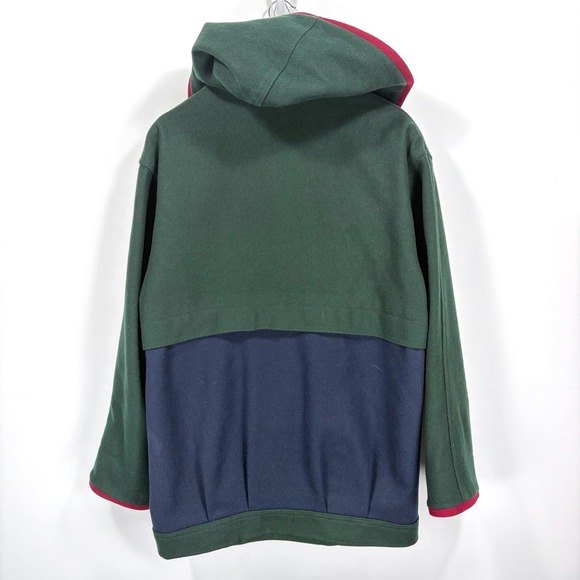 Herman Kay Bib Zipper Pea Coat Jacket Women Size 12 Green Navy Hooded Wool Blend - Picture 2 of 11